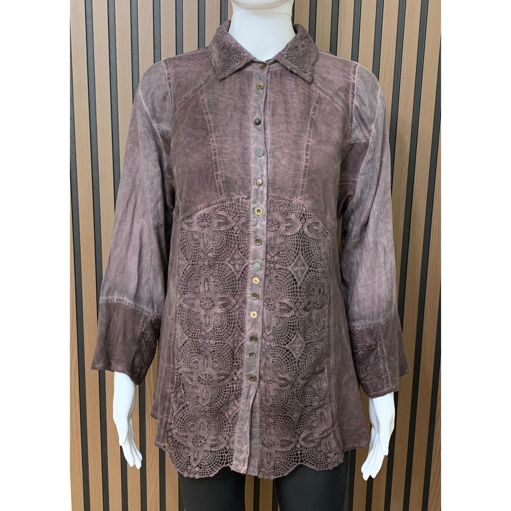Paisley & Sage Women's Purple Crochet Lace Tunic Button Front Blouse Top L